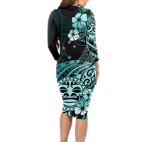 Aotearoa Kia Ora New Zealand Ta Moko Turquoise Version Long Sleeve Bodycon Dress LT01 - Polynesian Pride