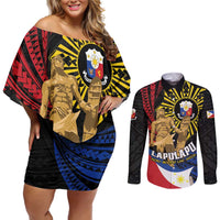 Personalized Lapulapu The First Filipino Hero Couples Matching Off Shoulder Short Dress and Long Sleeve Button Shirt Polynesian Pattern