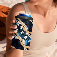 Puakenikeni Maile Lei 4 in 1 Can Cooler Tumbler Frangipani Blue Tropical Leaves