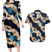 Puakenikeni Maile Lei Couples Matching Long Sleeve Bodycon Dress and Hawaiian Shirt Frangipani Blue Tropical Leaves LT01 Blue - Polynesian Pride