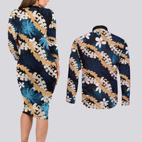 Puakenikeni Maile Lei Couples Matching Long Sleeve Bodycon Dress and Long Sleeve Button Shirt Frangipani Blue Tropical Leaves