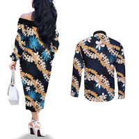 Puakenikeni Maile Lei Couples Matching Off The Shoulder Long Sleeve Dress and Long Sleeve Button Shirt Frangipani Blue Tropical Leaves