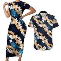 Puakenikeni Maile Lei Couples Matching Short Sleeve Bodycon Dress and Hawaiian Shirt Frangipani Blue Tropical Leaves LT01 Blue - Polynesian Pride