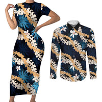 Puakenikeni Maile Lei Couples Matching Short Sleeve Bodycon Dress and Long Sleeve Button Shirt Frangipani Blue Tropical Leaves