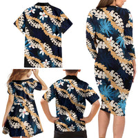 Puakenikeni Maile Lei Family Matching Long Sleeve Bodycon Dress and Hawaiian Shirt Frangipani Blue Tropical Leaves