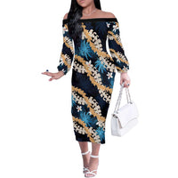 Puakenikeni Maile Lei Family Matching Off The Shoulder Long Sleeve Dress and Hawaiian Shirt Frangipani Blue Tropical Leaves