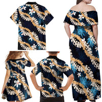 Puakenikeni Maile Lei Family Matching Off Shoulder Maxi Dress and Hawaiian Shirt Frangipani Blue Tropical Leaves