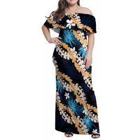 Puakenikeni Maile Lei Family Matching Off Shoulder Maxi Dress and Hawaiian Shirt Frangipani Blue Tropical Leaves