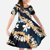 Puakenikeni Maile Lei Family Matching Puletasi and Hawaiian Shirt Frangipani Blue Tropical Leaves LT01 Daughter's Dress Blue - Polynesian Pride