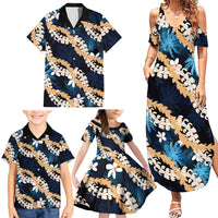 Puakenikeni Maile Lei Family Matching Summer Maxi Dress and Hawaiian Shirt Frangipani Blue Tropical Leaves LT01 - Polynesian Pride