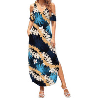 Puakenikeni Maile Lei Family Matching Summer Maxi Dress and Hawaiian Shirt Frangipani Blue Tropical Leaves LT01 Mom's Dress Blue - Polynesian Pride
