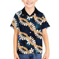 Puakenikeni Maile Lei Family Matching Summer Maxi Dress and Hawaiian Shirt Frangipani Blue Tropical Leaves LT01 Son's Shirt Blue - Polynesian Pride