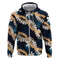 Puakenikeni Maile Lei Hoodie Frangipani Blue Tropical Leaves LT01 Zip Hoodie Blue - Polynesian Pride