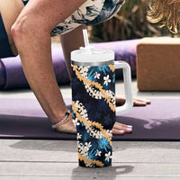 Puakenikeni Maile Lei Tumbler With Handle Frangipani Blue Tropical Leaves