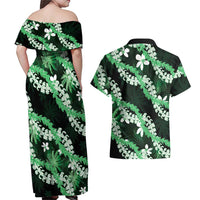 Puakenikeni Maile Lei Couples Matching Off Shoulder Maxi Dress and Hawaiian Shirt Frangipani Green Tropical Leaves
