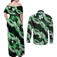 Puakenikeni Maile Lei Couples Matching Off Shoulder Maxi Dress and Long Sleeve Button Shirt Frangipani Green Tropical Leaves LT01 - Polynesian Pride
