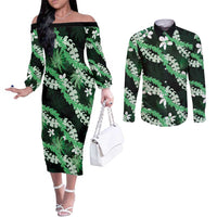 Puakenikeni Maile Lei Couples Matching Off The Shoulder Long Sleeve Dress and Long Sleeve Button Shirt Frangipani Green Tropical Leaves LT01 Green - Polynesian Pride