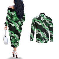 Puakenikeni Maile Lei Couples Matching Off The Shoulder Long Sleeve Dress and Long Sleeve Button Shirt Frangipani Green Tropical Leaves LT01 - Polynesian Pride