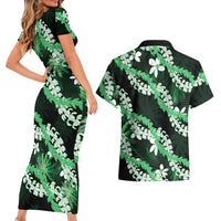 Puakenikeni Maile Lei Couples Matching Short Sleeve Bodycon Dress and Hawaiian Shirt Frangipani Green Tropical Leaves LT01 - Polynesian Pride