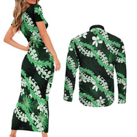 Puakenikeni Maile Lei Couples Matching Short Sleeve Bodycon Dress and Long Sleeve Button Shirt Frangipani Green Tropical Leaves