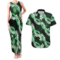 Puakenikeni Maile Lei Couples Matching Tank Maxi Dress and Hawaiian Shirt Frangipani Green Tropical Leaves LT01 Green - Polynesian Pride