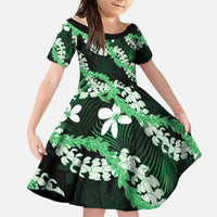 Puakenikeni Maile Lei Family Matching Off Shoulder Maxi Dress and Hawaiian Shirt Frangipani Green Tropical Leaves LT01 Daughter's Dress Green - Polynesian Pride