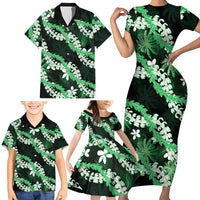 Puakenikeni Maile Lei Family Matching Short Sleeve Bodycon Dress and Hawaiian Shirt Frangipani Green Tropical Leaves