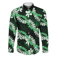 Puakenikeni Maile Lei Family Matching Summer Maxi Dress and Hawaiian Shirt Frangipani Green Tropical Leaves LT01 Dad's Shirt - Long Sleeve Green - Polynesian Pride