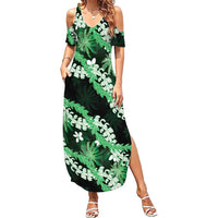 Puakenikeni Maile Lei Family Matching Summer Maxi Dress and Hawaiian Shirt Frangipani Green Tropical Leaves LT01 Mom's Dress Green - Polynesian Pride