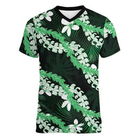 Puakenikeni Maile Lei Women V-Neck T-Shirt Frangipani Green Tropical Leaves LT01 Female Green - Polynesian Pride