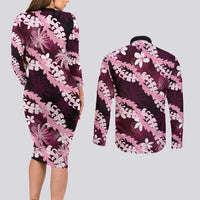 Puakenikeni Maile Lei Couples Matching Long Sleeve Bodycon Dress and Long Sleeve Button Shirt Frangipani Pink Tropical Leaves