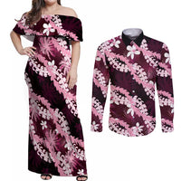 Puakenikeni Maile Lei Couples Matching Off Shoulder Maxi Dress and Long Sleeve Button Shirt Frangipani Pink Tropical Leaves