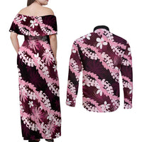 Puakenikeni Maile Lei Couples Matching Off Shoulder Maxi Dress and Long Sleeve Button Shirt Frangipani Pink Tropical Leaves
