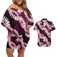 Puakenikeni Maile Lei Couples Matching Off Shoulder Short Dress and Hawaiian Shirt Frangipani Pink Tropical Leaves
