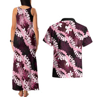 Puakenikeni Maile Lei Couples Matching Tank Maxi Dress and Hawaiian Shirt Frangipani Pink Tropical Leaves