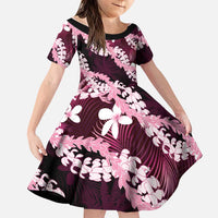 Puakenikeni Maile Lei Family Matching Off Shoulder Short Dress and Hawaiian Shirt Frangipani Pink Tropical Leaves LT01 Daughter's Dress Pink - Polynesian Pride