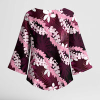 Puakenikeni Maile Lei Kimono Sleeve Blouse Frangipani Pink Tropical Leaves LT01 - Polynesian Pride