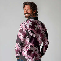 Puakenikeni Maile Lei Long Sleeve Polo Shirt Frangipani Pink Tropical Leaves