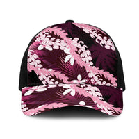 Puakenikeni Maile Lei Mesh Trucker Cap Frangipani Pink Tropical Leaves