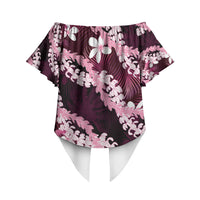 Puakenikeni Maile Lei Off Shoulder Wrap Waist Top Frangipani Pink Tropical Leaves LT01 - Polynesian Pride