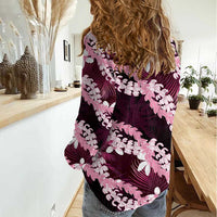 Puakenikeni Maile Lei Women Casual Shirt Frangipani Pink Tropical Leaves LT01 - Polynesian Pride