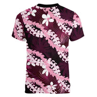 Puakenikeni Maile Lei Women V-Neck T-Shirt Frangipani Pink Tropical Leaves LT01 - Polynesian Pride