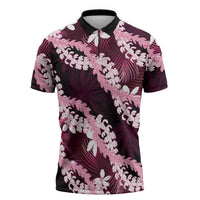 Puakenikeni Maile Lei Zipper Polo Shirt Frangipani Pink Tropical Leaves