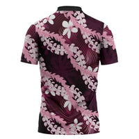 Puakenikeni Maile Lei Zipper Polo Shirt Frangipani Pink Tropical Leaves