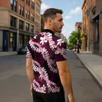 Puakenikeni Maile Lei Zipper Polo Shirt Frangipani Pink Tropical Leaves