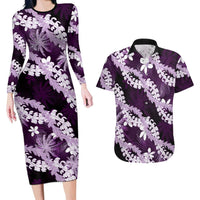 Puakenikeni Maile Lei Couples Matching Long Sleeve Bodycon Dress and Hawaiian Shirt Frangipani Purple Tropical Leaves LT01 Purple - Polynesian Pride
