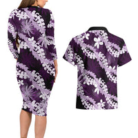 Puakenikeni Maile Lei Couples Matching Long Sleeve Bodycon Dress and Hawaiian Shirt Frangipani Purple Tropical Leaves LT01 - Polynesian Pride