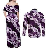 Puakenikeni Maile Lei Couples Matching Off Shoulder Maxi Dress and Long Sleeve Button Shirt Frangipani Purple Tropical Leaves