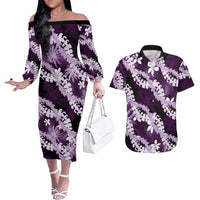 Puakenikeni Maile Lei Couples Matching Off The Shoulder Long Sleeve Dress and Hawaiian Shirt Frangipani Purple Tropical Leaves LT01 Purple - Polynesian Pride