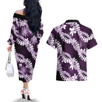 Puakenikeni Maile Lei Couples Matching Off The Shoulder Long Sleeve Dress and Hawaiian Shirt Frangipani Purple Tropical Leaves LT01 - Polynesian Pride